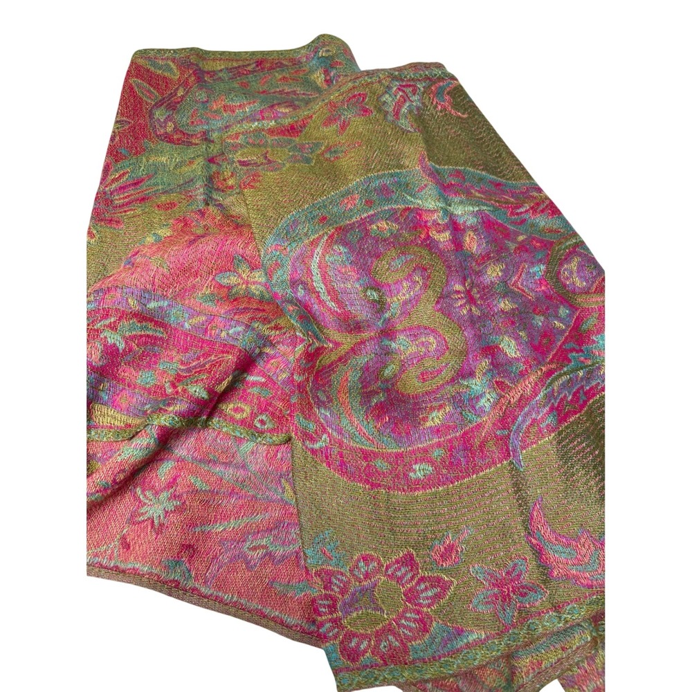 Paisley Jamawar Pashmina Scarf Women OS Green Pink Wool Silk Shawl infinity loop